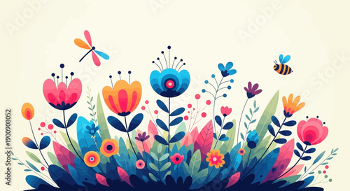 A vibrant and colorful illustration of a whimsical garden filled with blooming flowers, a dragonfly, and a bee.