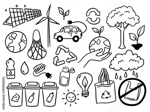 Ecology and Environmental Protection Symbols Black Thin Line Set Hand Drawn Doodle Style. Vector illustration Alternative Sources of Electricity