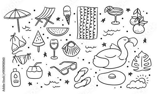 Summer Vacation Symbol Black Thin Line Set Hand Drawn Doodle Style. Vector illustration of Umbrella, Swimsuit, Sunglasses and Sunscreen