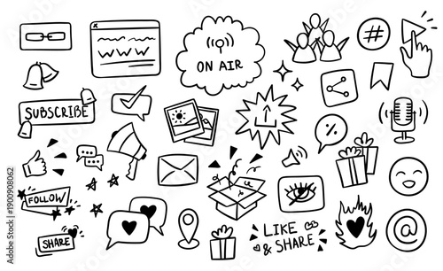 Social Media Elements Symbols Black Thin Line Set Hand Drawn Doodle Style. Vector illustration