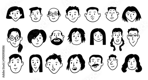 Happy People Diversity Avatars Thin Line Set Hand Drawn Doodle Style. Vector illustration of Character Person