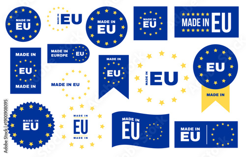 Cartoon Color Different Made in EU Labels Stickers Set Concept Flat Design Style. Vector illustration of European Union Flag Label