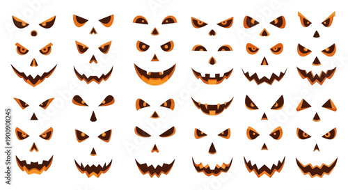 A collection of various spooky and scary pumpkin faces for Halloween decorations and crafts.