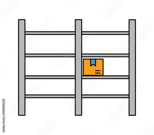 Empty industrial metal shelving rack with one small orange box on shelf