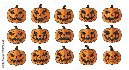 A collection of 15 carved Halloween pumpkins with various spooky and scary faces, displayed in three rows.