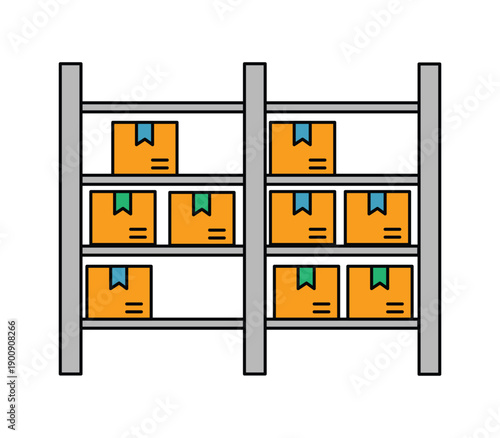 Industrial metal shelving rack filled with orange boxes, logistics and storage concept