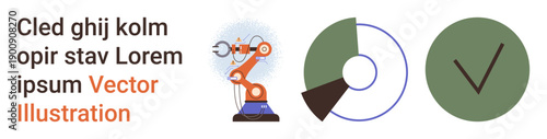 Robotics, automation, data analysis, technology progress, approval processes, engineering. Robotic arm, segmented chart and checkmark icon. Robotics and data analysis