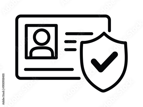 Linear identification card icon with protective shield and checkmark symbol for data safety