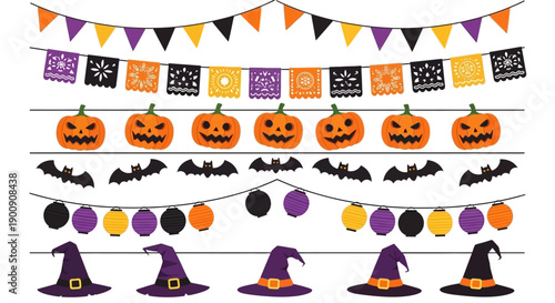 A collection of festive Halloween-themed decorations including pumpkins, bats, string lights, and witch hats, arranged in horizontal rows.