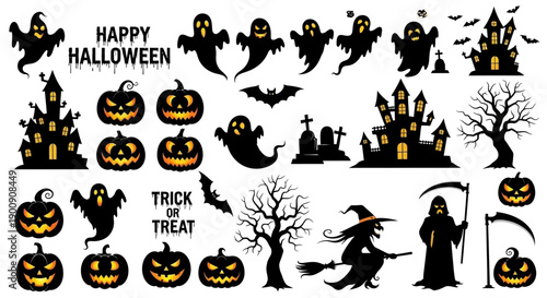 A collection of spooky Halloween-themed graphic elements including ghosts, pumpkins, haunted houses, and a grim reaper.