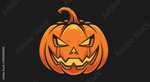 A menacing carved Halloween pumpkin with a glowing, sinister face against a dark background.
