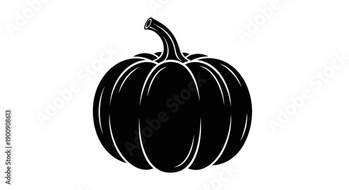A striking black silhouette of a ripe pumpkin with a curved stem against a white background.