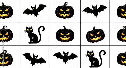 A grid of spooky Halloween icons featuring jack-o'-lanterns, black cats, and bats.