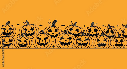 A horizontal banner featuring a repeating pattern of carved Halloween pumpkins with spooky faces on an orange background.