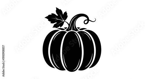 A stylized black silhouette of a pumpkin with a stem and a leaf against a white background.