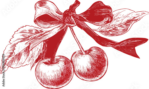 Cerises rouges dessinées à la main avec un ruban rouge sur fond transparent, style croquis
