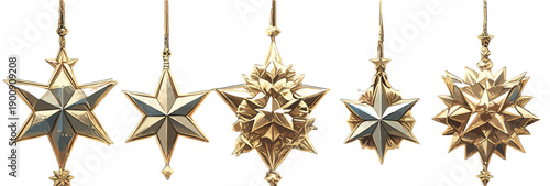 Cinq ornements étoilés dorés suspendus, sur fond blanc, pour les fêtes ou la décoration