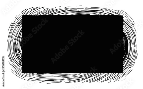 Cadre noir abstrait avec des lignes tourbillonnantes et une texture de griffonnage sur fond transparent.