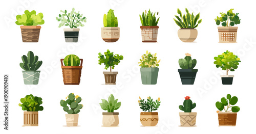 Collection d'illustrations vectorielles de plantes d'intérieur variées dans des pots décoratifs sur fond transparent.