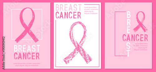 Breast Cancer Awareness Month poster designs set with pink ribbon symbol in brush stroke style. Minimalist graphic layouts for health campaigns, medical support, prevention