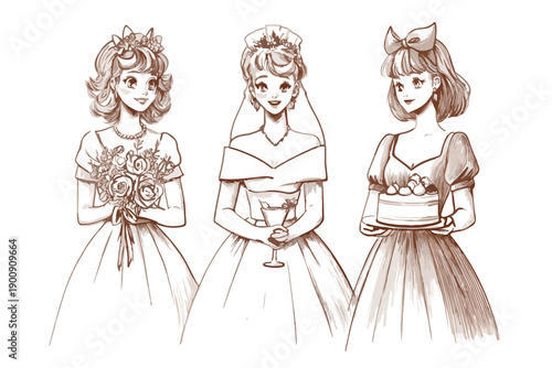 Trois jeunes femmes en robes de mariée, style dessin animé, avec bouquet, gâteau et coupe de champagne.