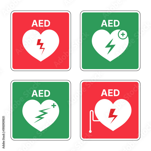 Set of AED Emergency Defibrillator Icons, First Aid Automated External Defibrillator Vector Illustration