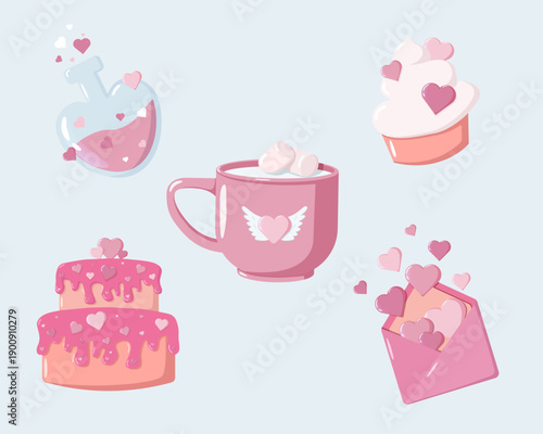 Pastel Valentine s icons potion bottle, mug with marshmallows, cupcake, cake, and envelope with hearts