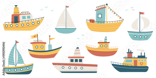 Cute boats and ships set. Cartoon sea transport collection, sailing boats, fishing vessels. Kids illustration. Isolated flat vector.