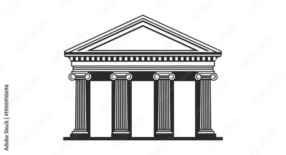 Obraz premium A stylized black and white illustration depicts a classical building facade with prominent columns and a triangular pediment
