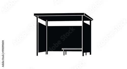 A minimalist black and white illustration depicts a bus shelter with a bench offering public transportation waiting space high quality