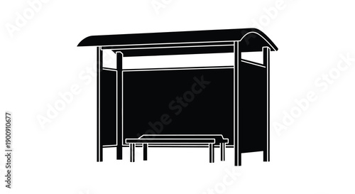 A stark black silhouette depicts a simple bus stop structure with a bench inside high quality professional detailed