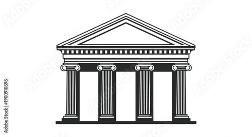 A stylized black and white illustration depicts a classical building facade with prominent columns and a triangular pediment