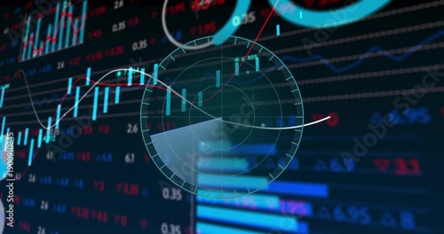 HUD appearing, radar sweep rotating, waveforms oscillating, charts updating, showing market data