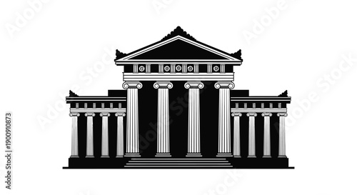 A striking black and white illustration depicts a classical building with prominent columns and a triangular pediment