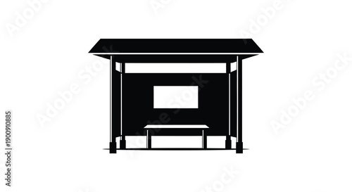 A minimalist black and white illustration depicts a simple bus stop shelter with a bench high quality professional