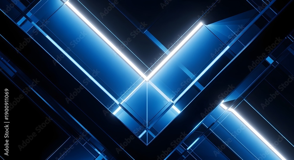 Fototapeta premium Abstract neon blue glowing chevron shapes form a sharp geometric digital technology background structure