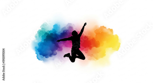 Happy Person Jumping with Joy in Colorful Watercolor Splash