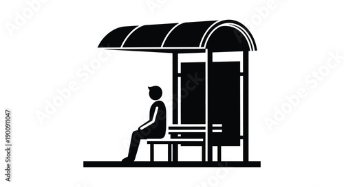 A simple black and white illustration depicts a person seated at a bus stop shelter waiting high quality
