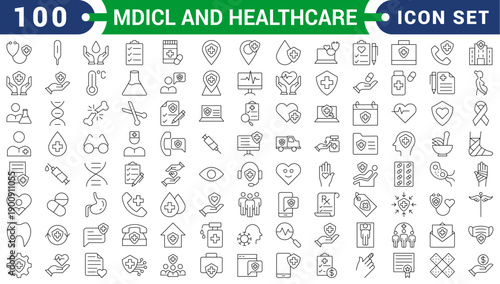 Medicine and healthcare set of web icons in line style. Medical icons for web and mobile app. Medicine and Health Care symbols. Emergency, medical equipment, RX, MRI, doctor, lab, virus, prescription