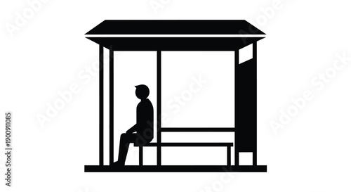 A minimalistic black silhouette depicts a person sitting on a bench within a bus shelter structure high quality