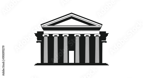 A stylized black and white illustration depicts a classical building facade with prominent columns and a triangular pediment