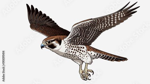 Flying peregrine falcon vector illustration. Wild bird of prey gliding with brown wings spread isolated on white background.