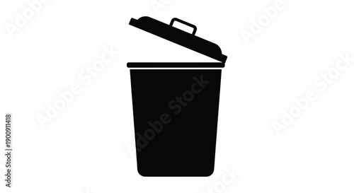 A simple black and white silhouette depicts an open trash can symbolizing waste disposal and recycling high quality