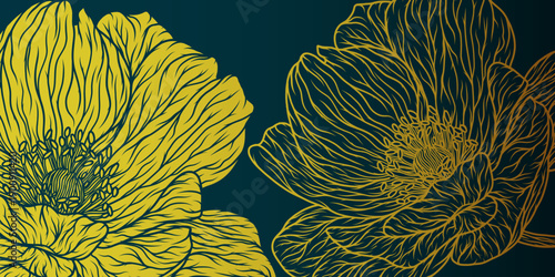 Abstract background with hand drawn floral elements. Elegant golden peony floral line art. Vector design templates for postcard, poster, business card, flyer, magazine, banner, wedding invitation.