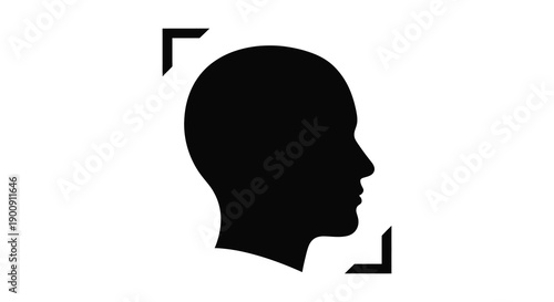A stark silhouette of a human head in profile is framed by angled brackets suggesting facial recognition