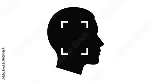 A minimalist black silhouette of a human head in profile displaying bracket like shapes near the eyes and mouth