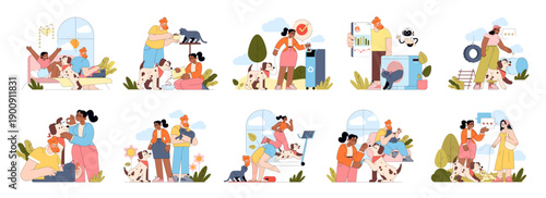 Family Life with Pets Vector Illustration Set