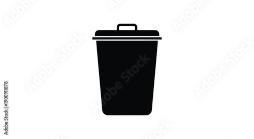A stark black silhouette depicts a closed trash can against a plain white background symbolizing waste disposal