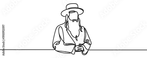 Portrait of a bearded man in a hat in one line art style. Figure drawn with one continuous black line. Vector illustration.