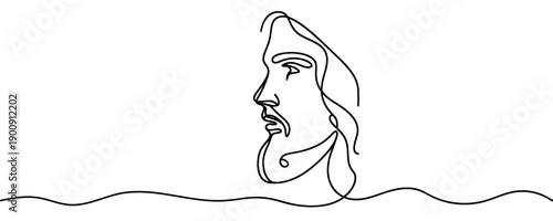 Portrait of Jesus Christ in profile in one line art style. Face of the savior drawn with one continuous black line. Vector illustration.